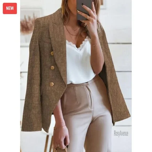 Tweed Blazer Double Breasted Long Sleeve Open Front Work Office - Picture 3 of 8